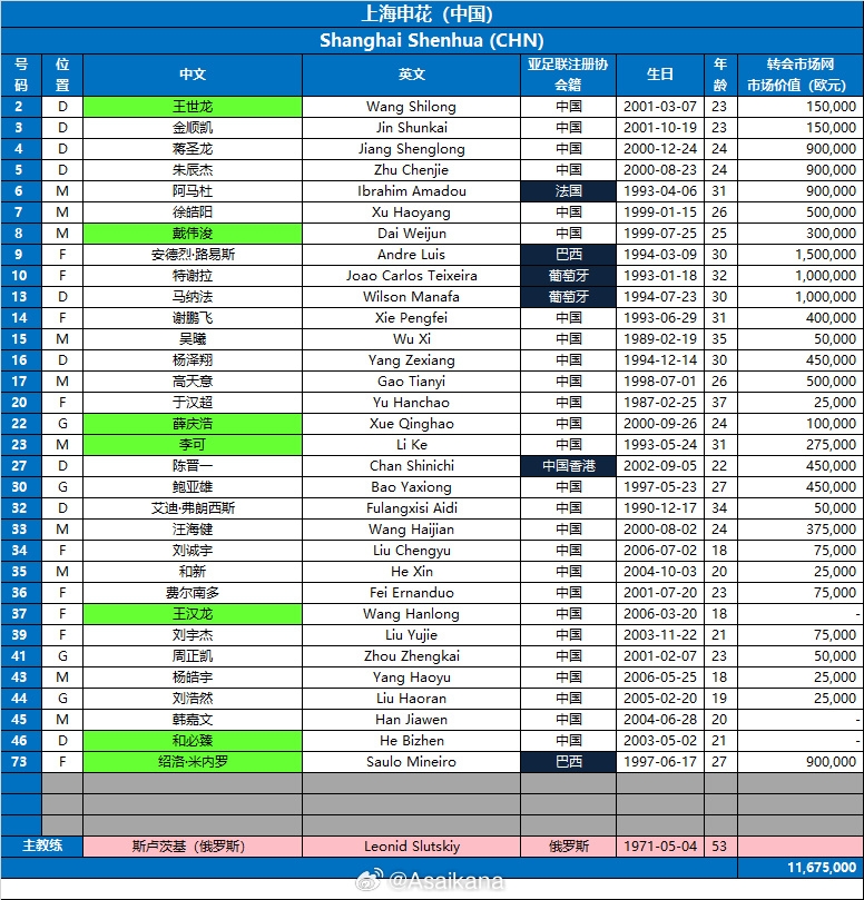  上海申花隊2024-25賽季亞冠精英聯(lián)賽報名名單（第3報名窗口）